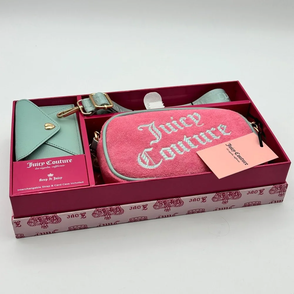 Juicy Couture Pink Lemonade Crossbody Camera Bag & Card Case Pink Terry Teal NWT